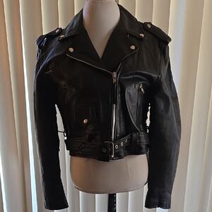 Black Leather Biker LEATHER WEAR WOMENS Jacket Vintage Xlnt shape Adj-side